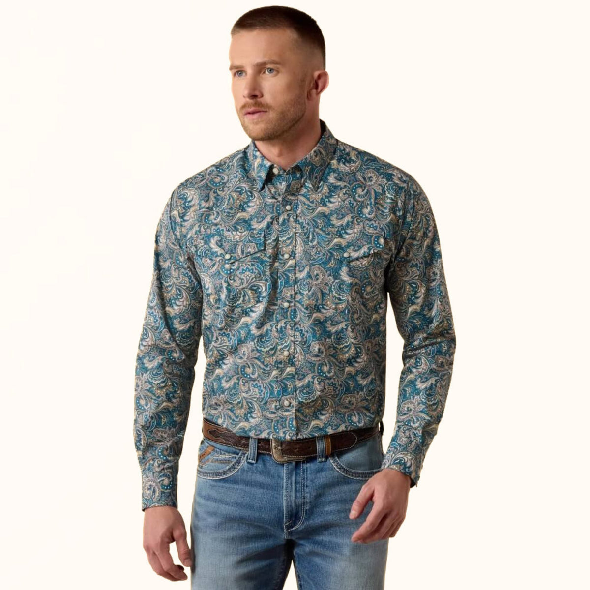 Ariat Cedric Classic Fit Snap Shirt blue Western print front view