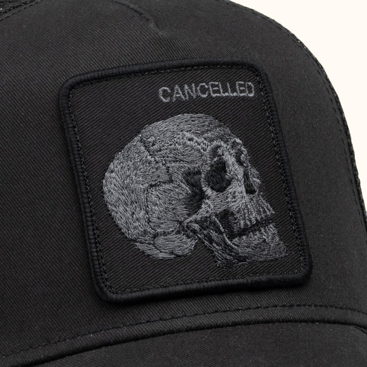 Goorin Bros. Tonal Skull black trucker hat patch view
