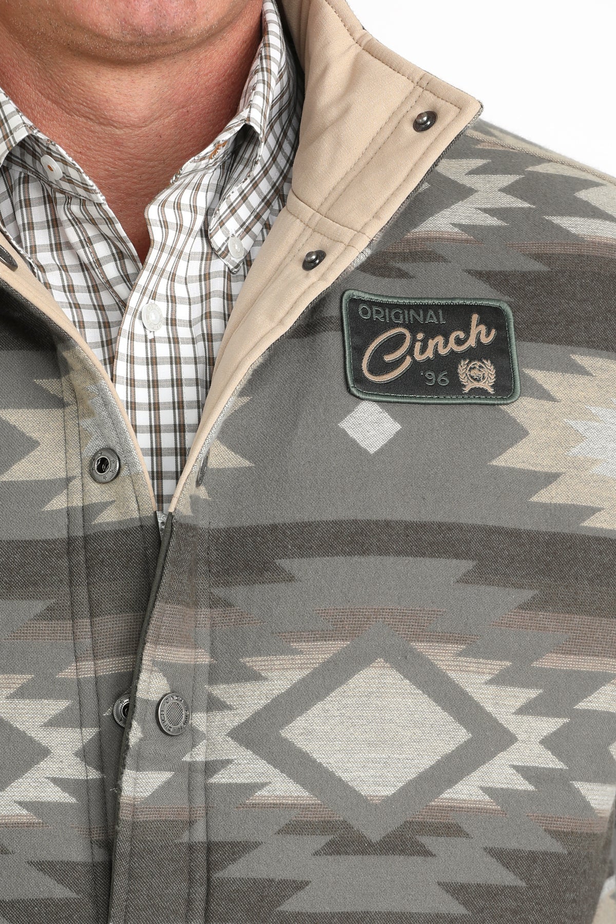 Close-up of Cinch Reversible Vest patterned fabric detail