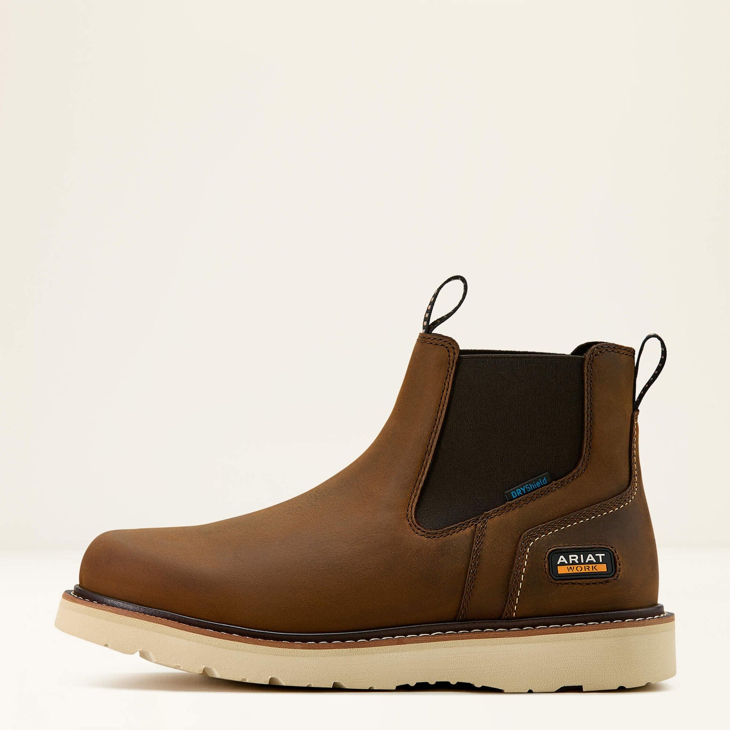 Ariat Rebar Wedge Chelsea Waterproof Work Boot side view in brown leather