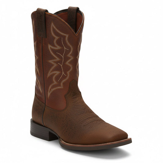 Angled side view of Justin Chet 11 Western Boot in brown