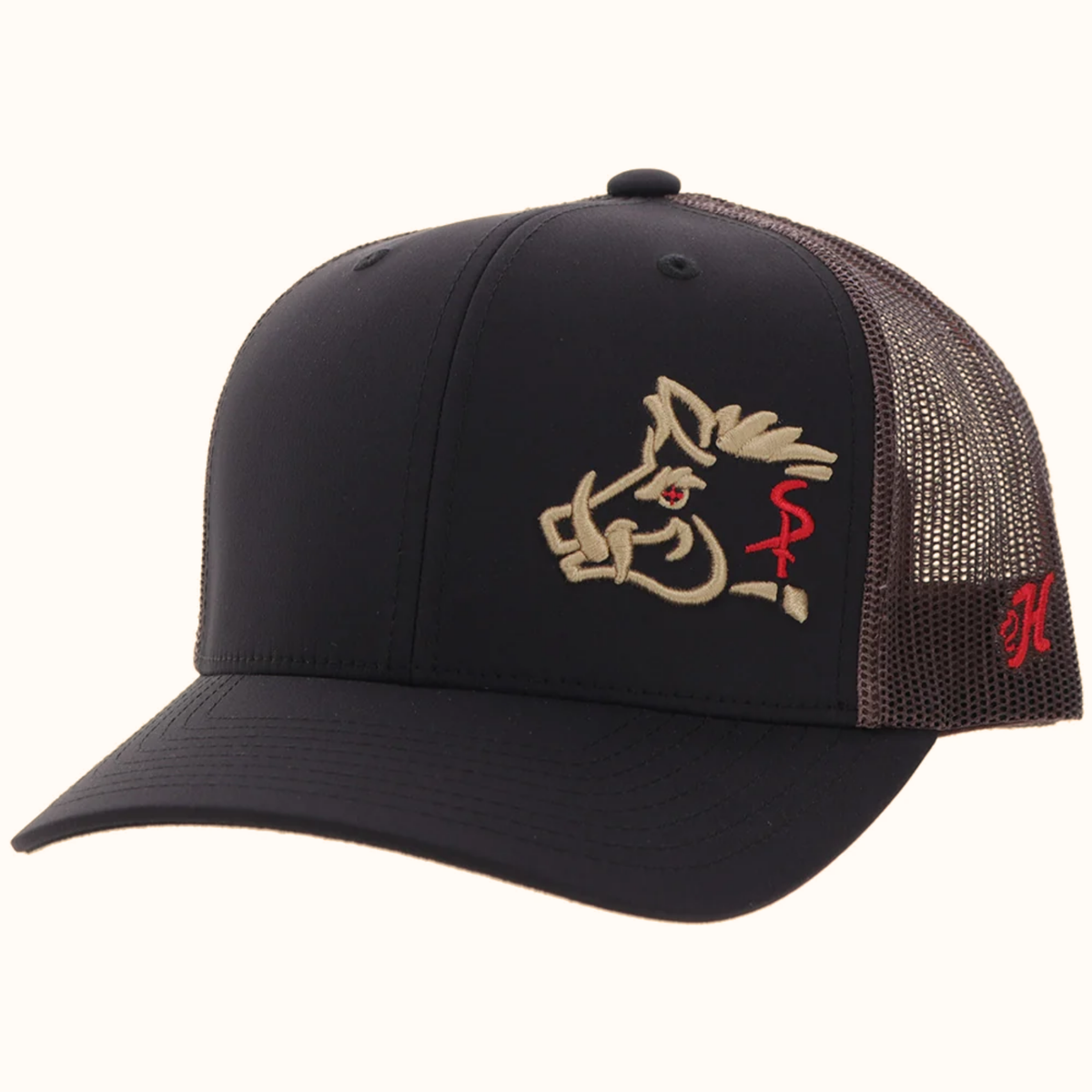 Hooey Sniper Pig black and brown snapback hat front angle view