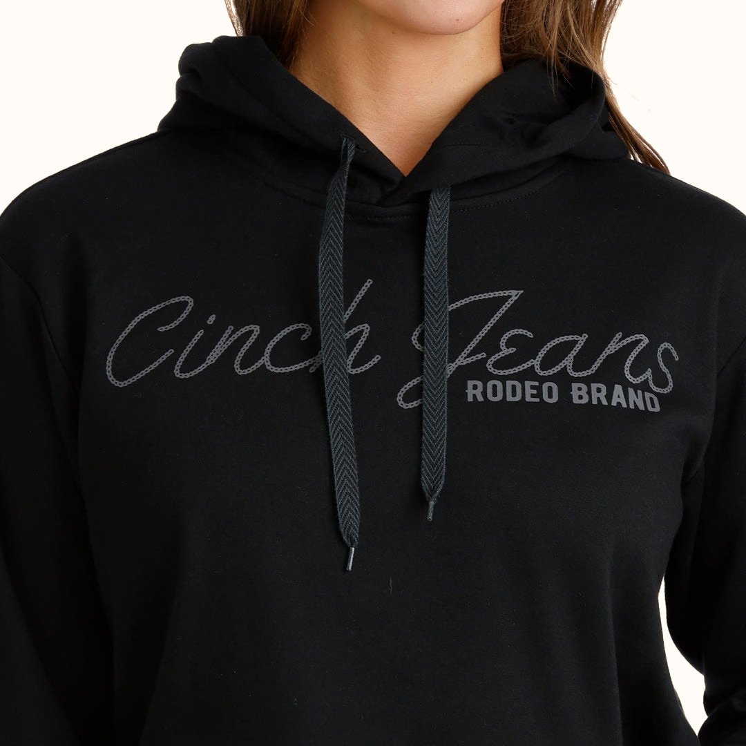 Cinch women’s black pullover hoodie front close-up view