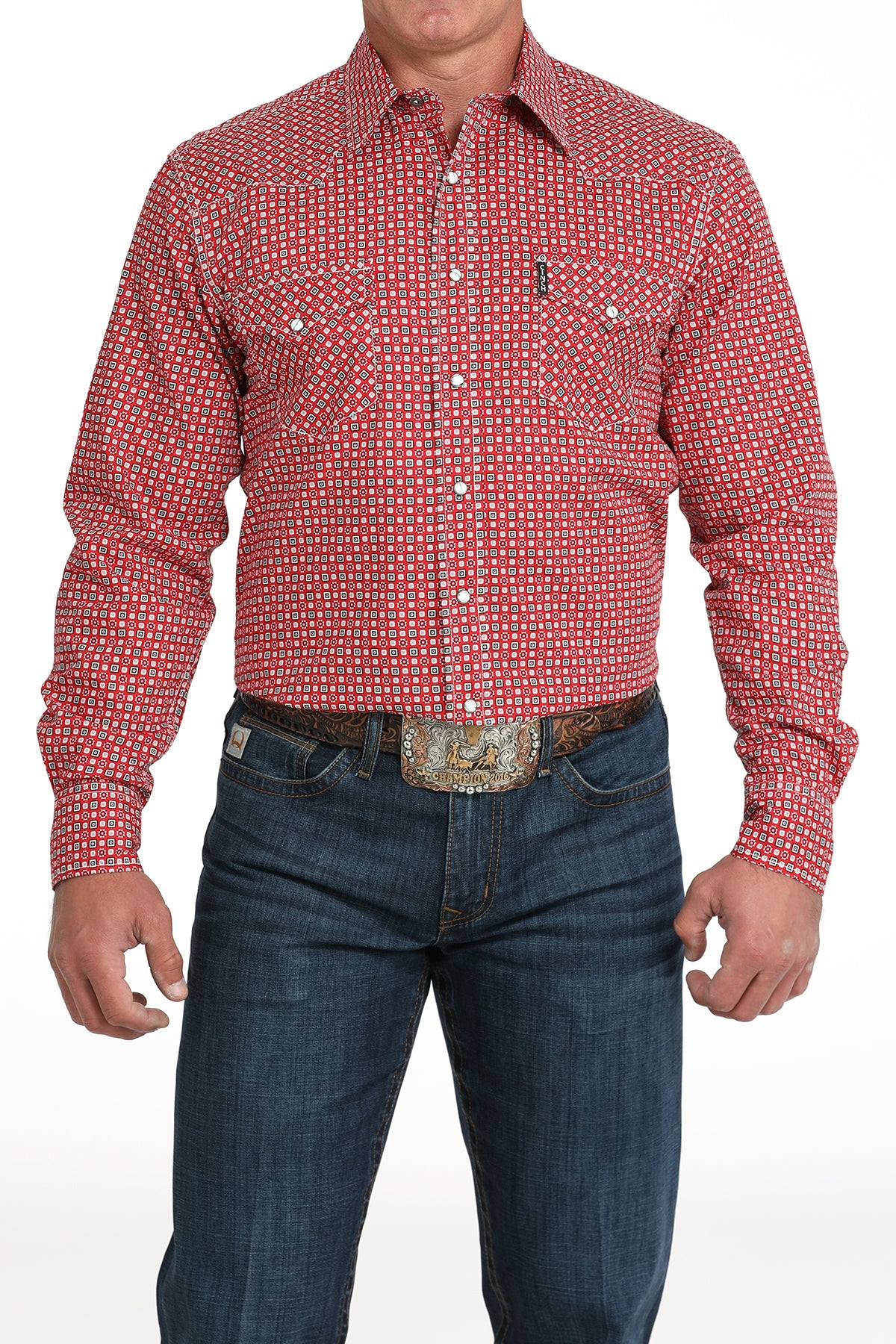 Front view of Cinch Long Sleeve Print Modern Shirt on model