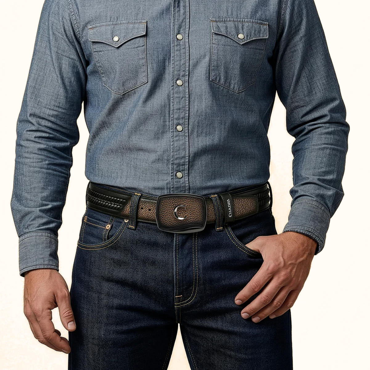 Cuadra men’s chocolate bison leather woven Western belt front view