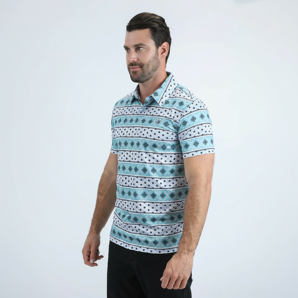Polo de hombre elástico con estampado azteca azul de tela de alto rendimiento de corte moderno