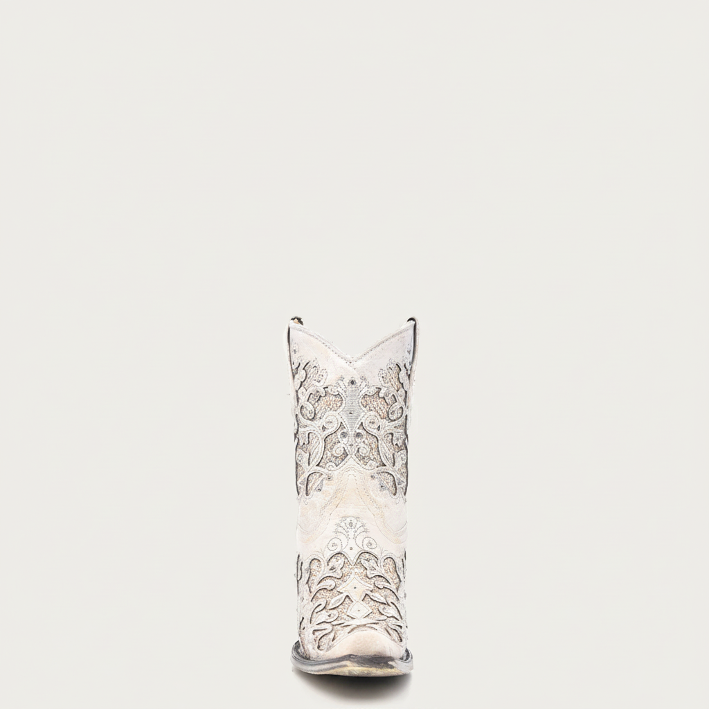 Front profile of Corral white wedding cowboy bootie with crystal detailing