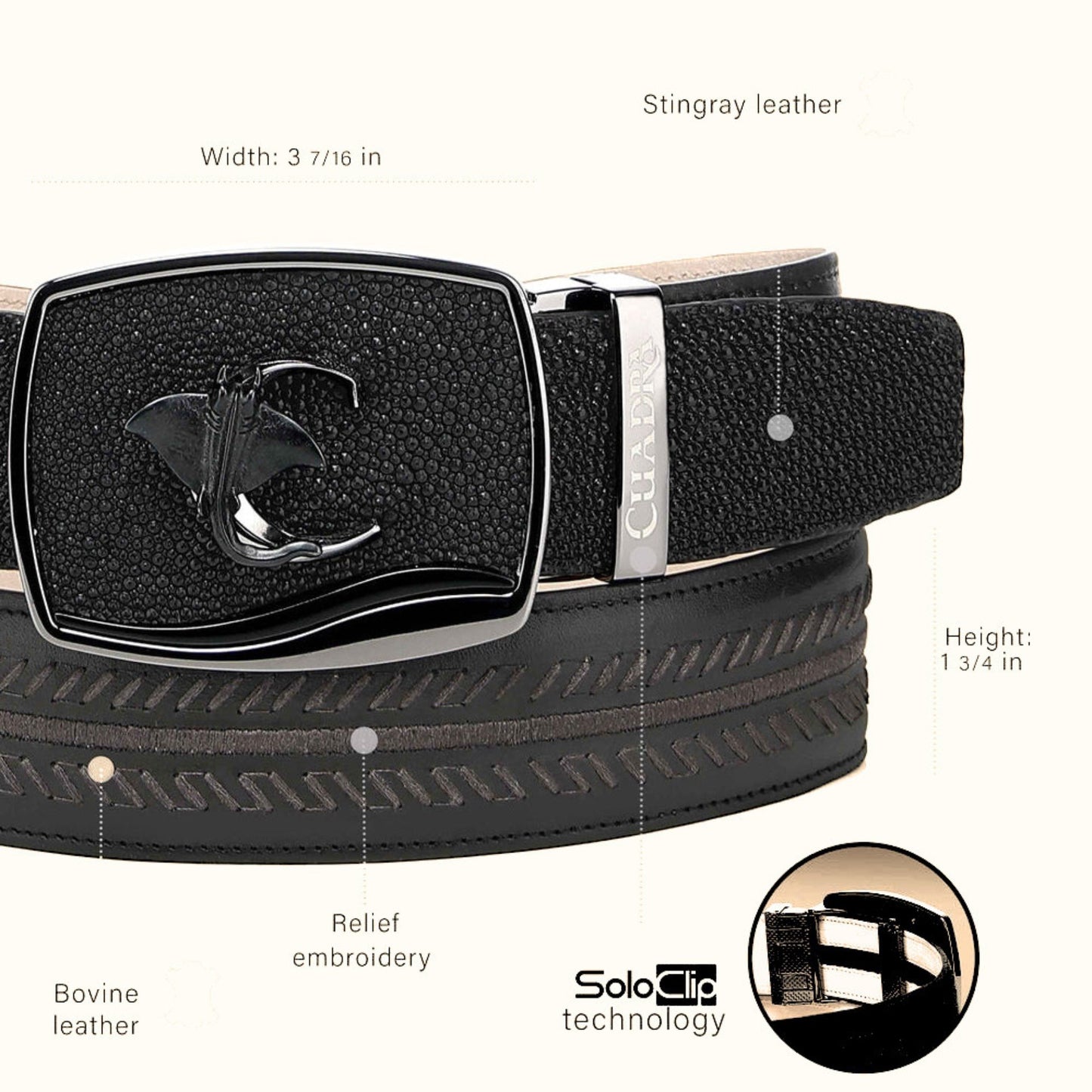 Cuadra Black Genuine Stingray Leather Western belt with buckle with dimensions