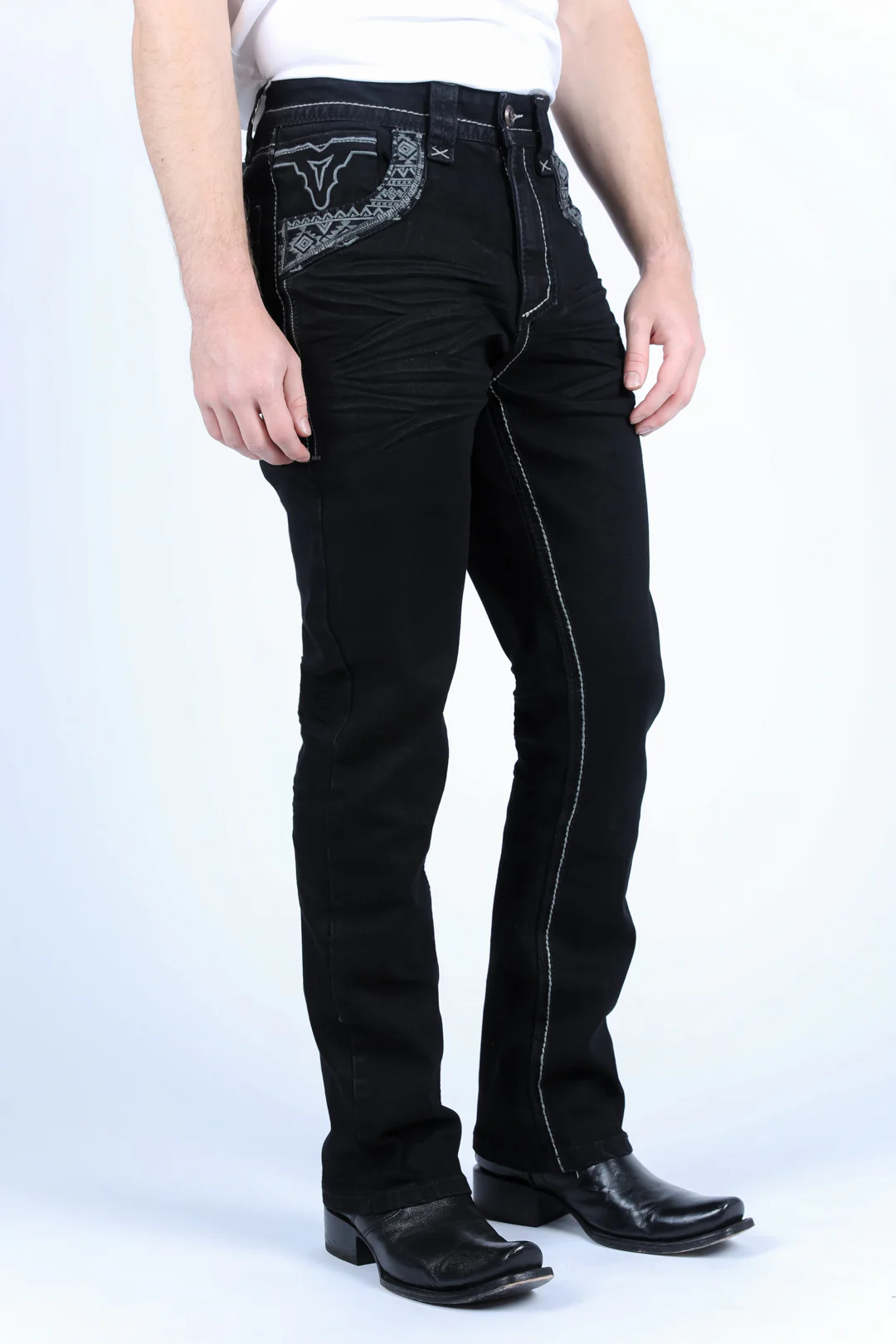 Platini Holt men’s black slim boot cut jeans angled side view