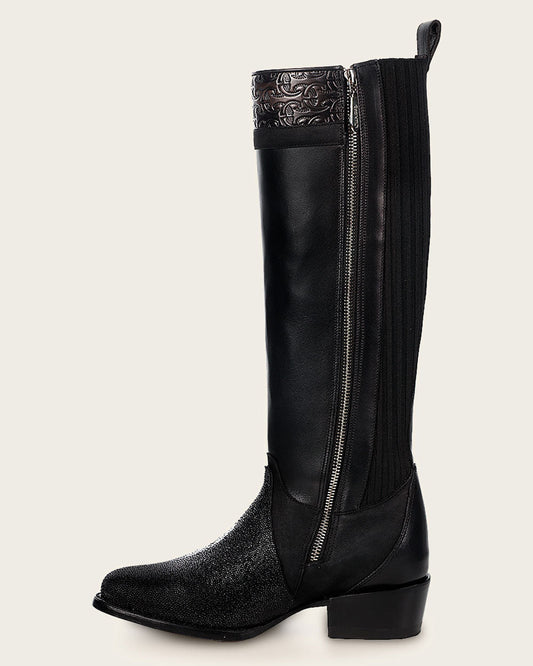 Cuadra Black Stingray Leather Knee High Boots side profile