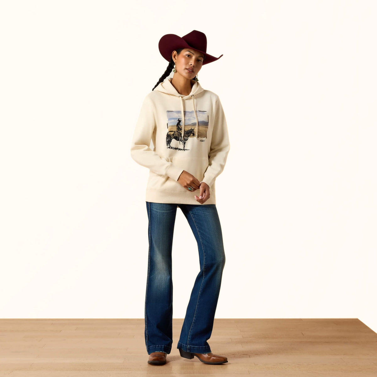 Ariat Wish You Were Here Hoodie in cream front full view