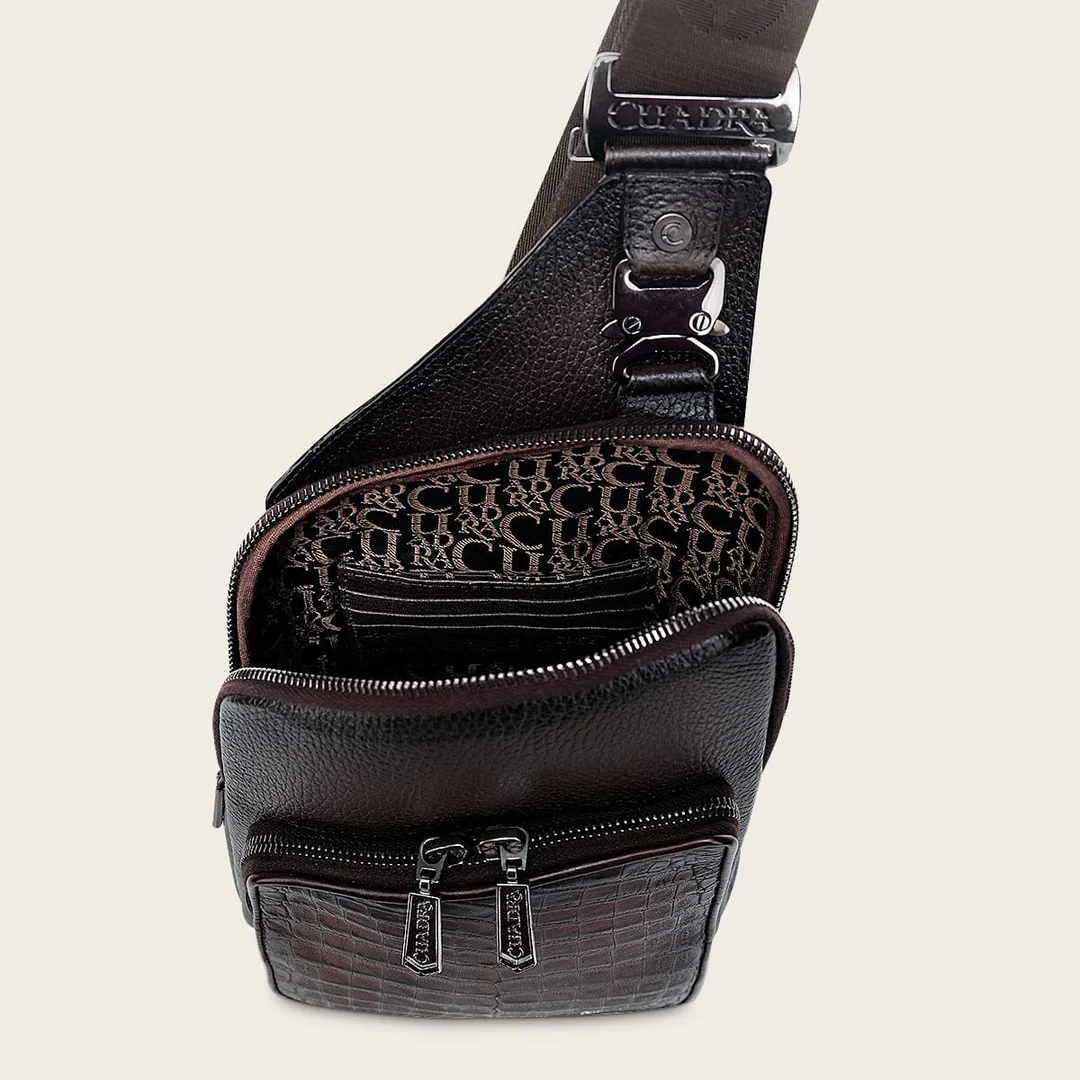 Cuadra Men’s Chocolate Caiman Zipper Bag top view showing zipper closure