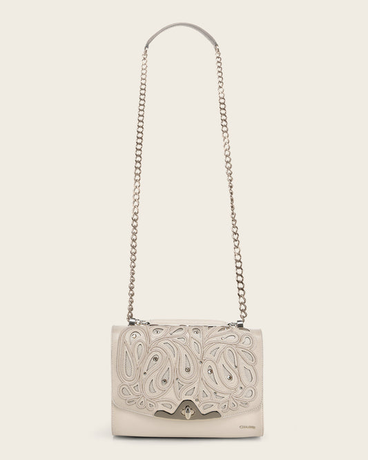 Cuadra Women’s Beige Bovine Leather Shoulder Bag Clutch front view in beige leather with crystal detail