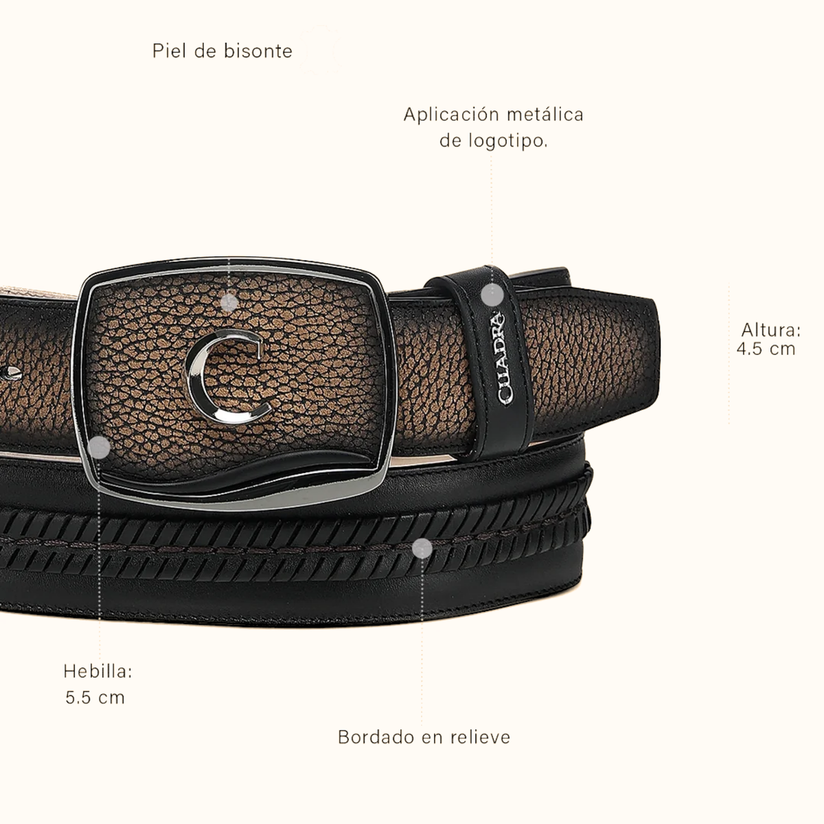 Cuadra men’s chocolate bison leather woven Western belt front view with dimensions