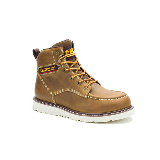 CAT Reclaimer waterproof wedge work boot brown leather angled view