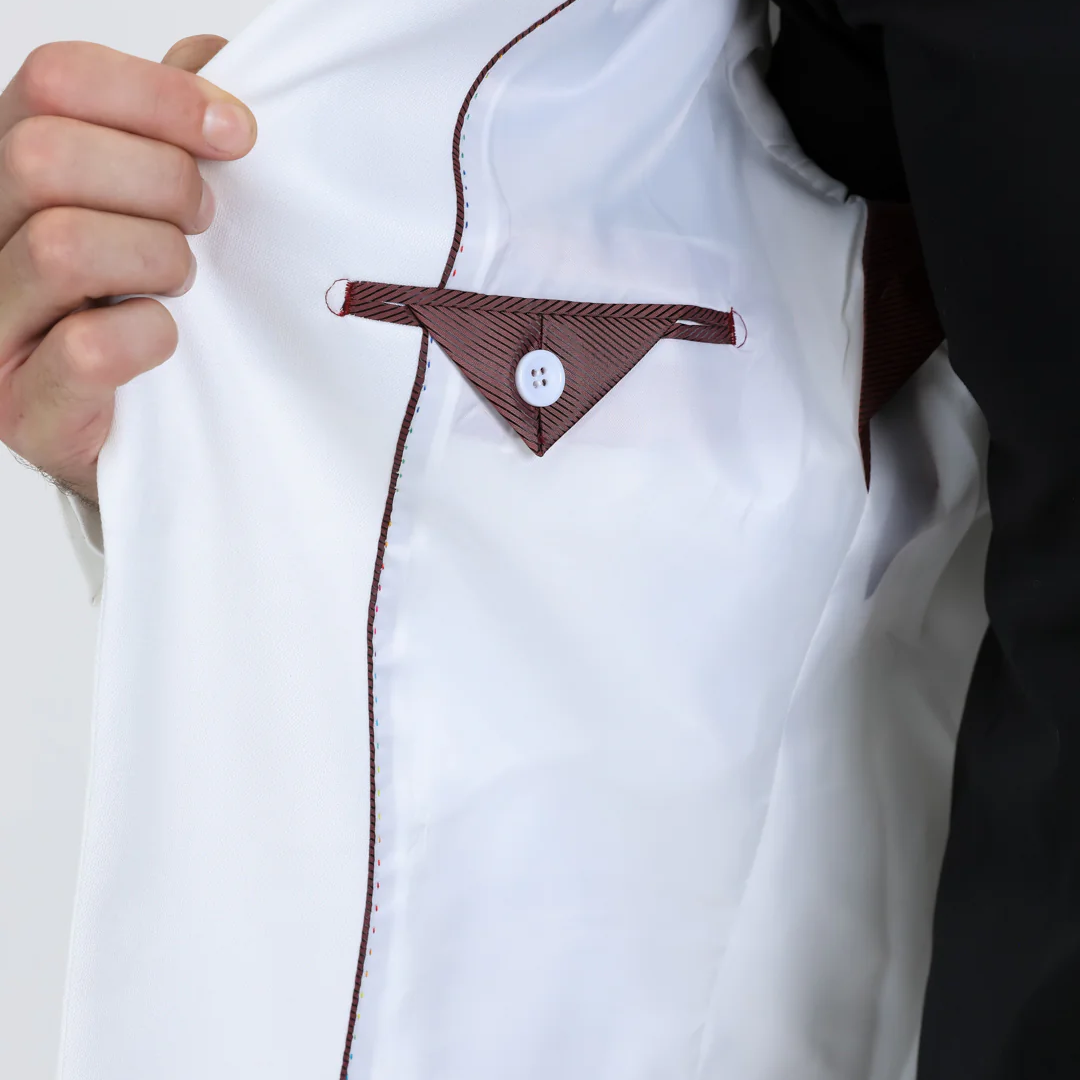 Close-up view of Platini Men’s Double Button Western White Blazer lapel and pocket detail