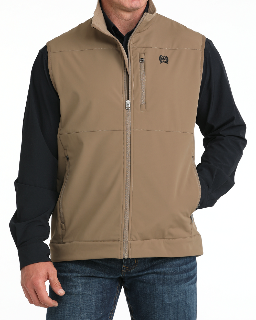 Cinch Men’s Windproof Vest beige and black front view on model