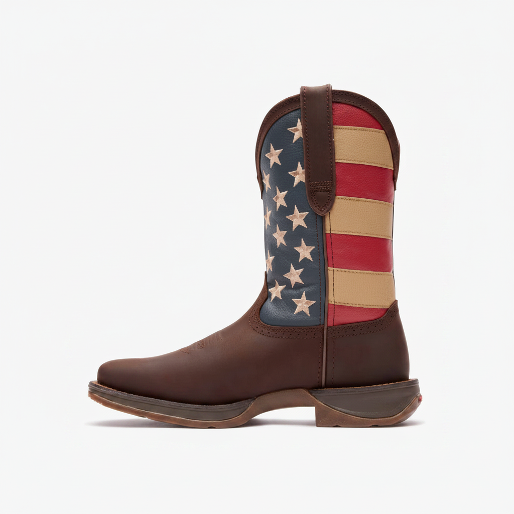 Durango Rebel Patriotic Pull-On Western Flag Boot side view in brown with American flag shaft