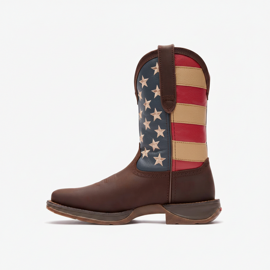 Durango Rebel Patriotic Pull-On Western Flag Boot side view in brown with American flag shaft
