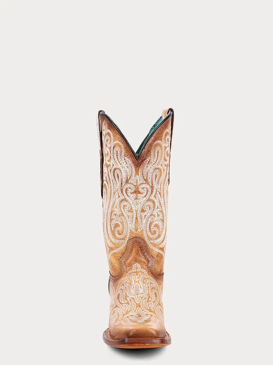 Front view of embroidered shaft detailing on Corral cowboy boots