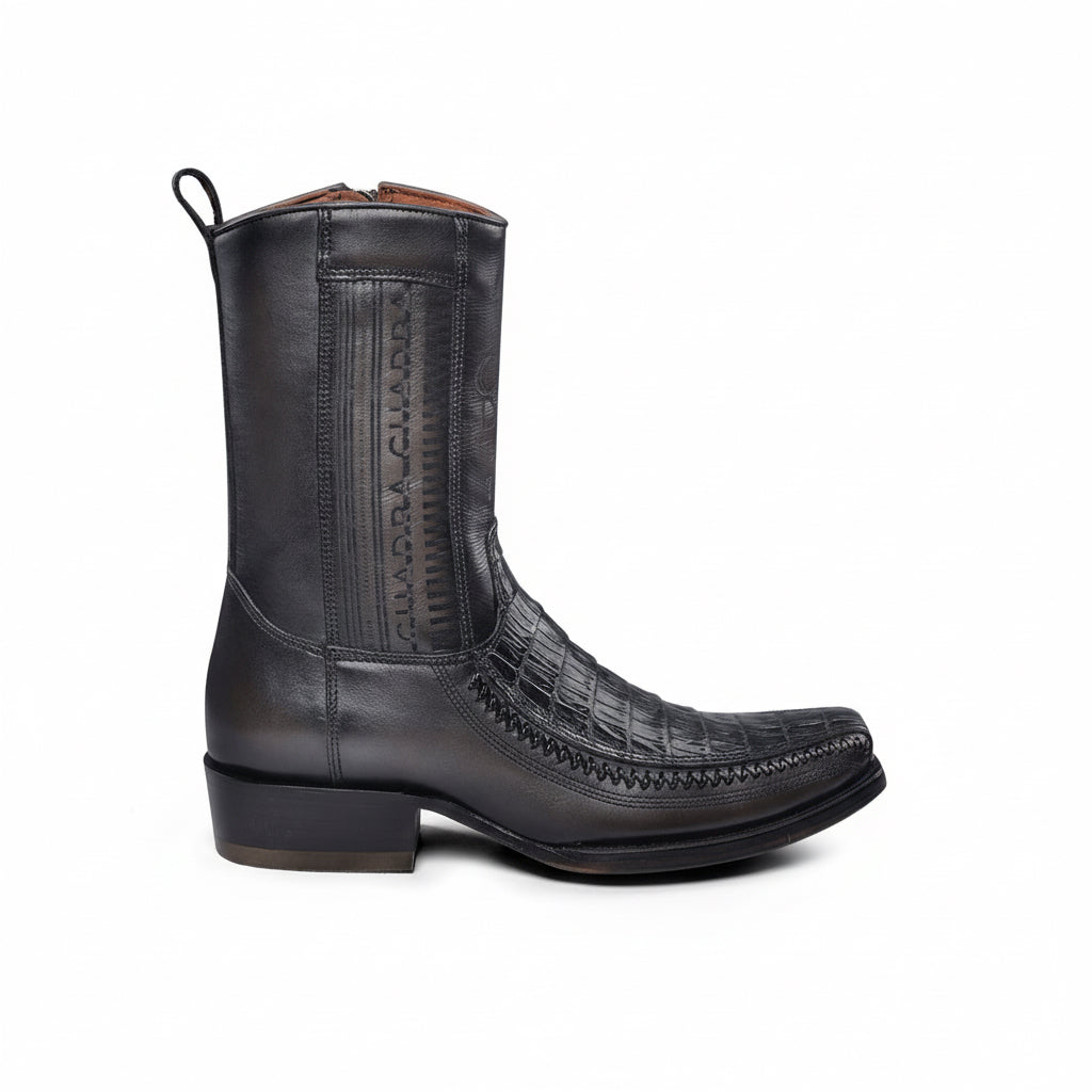 Opposite side profile view of Cuadra Plunge Black Caiman Laser & Woven Narrow Square Toe Boot