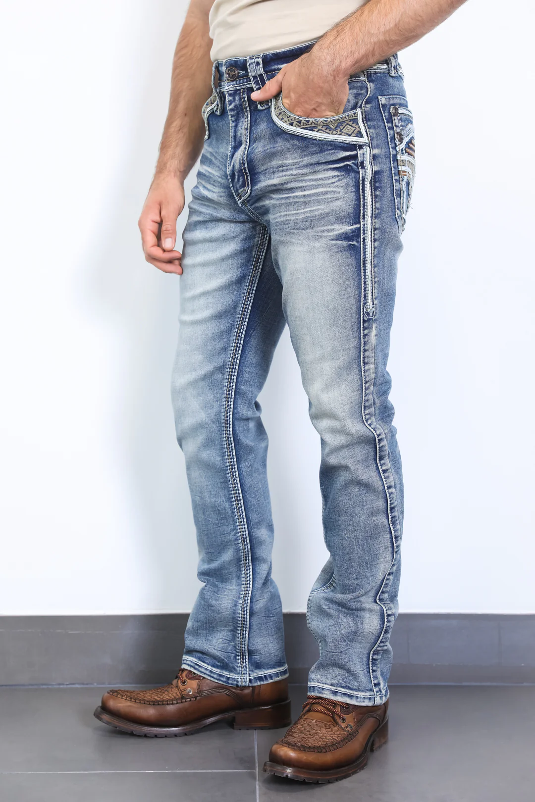 Platini Holt men’s blue slim boot cut jeans side profile view