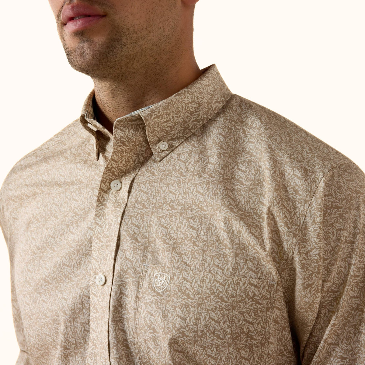 Ariat Wrinkle Free Bartlett Classic Fit Shirt in tan front close-up view