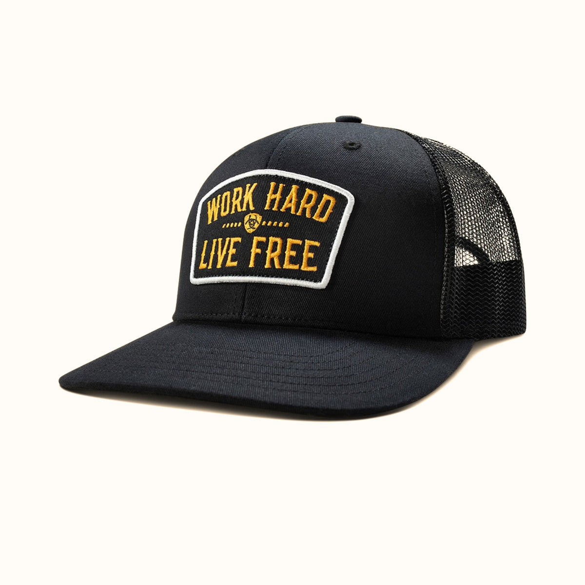 Ariat Work Hard Live Free black trucker cap front angle view