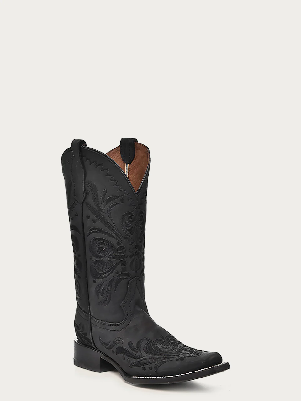 Front angled view of Corral Black Embroidered Square Toe Cowboy Boots