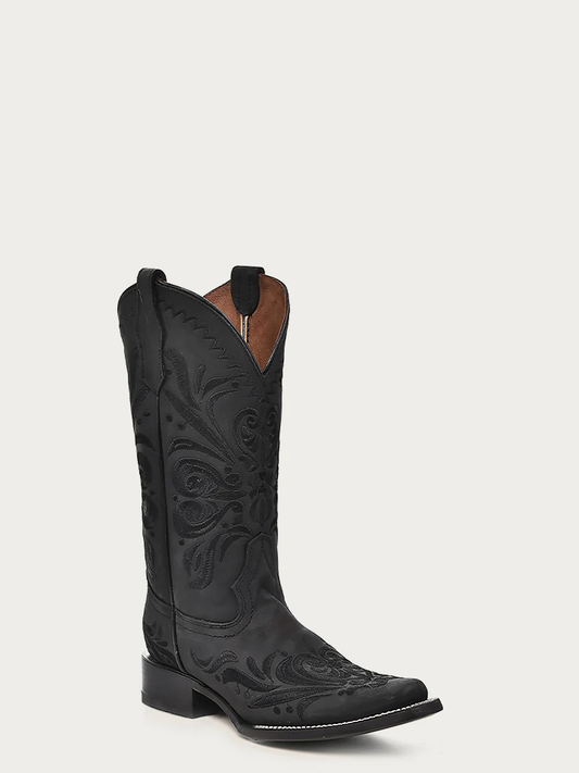 Front angled view of Corral Black Embroidered Square Toe Cowboy Boots