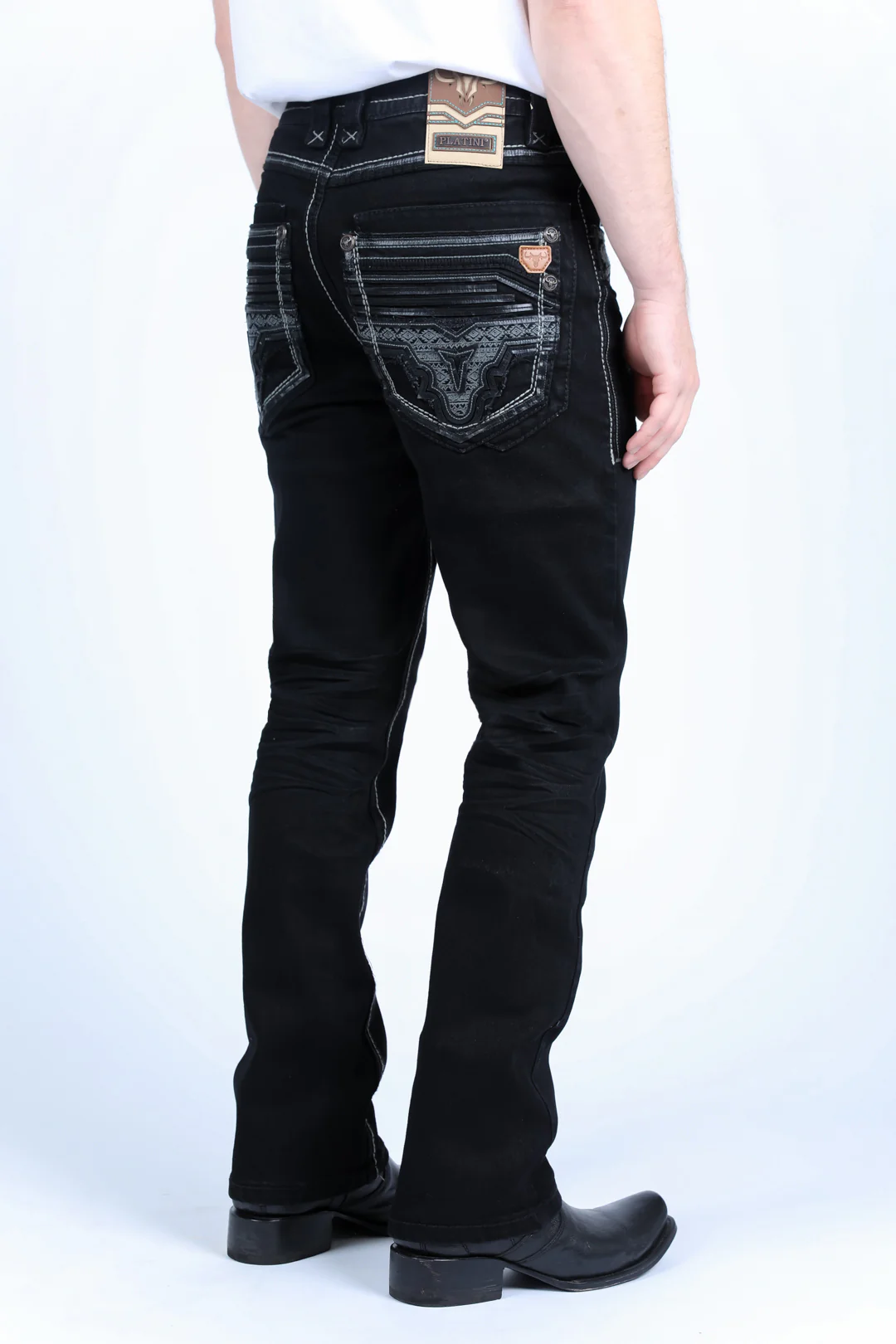 Platini Holt men’s black slim boot cut jeans back side profile view