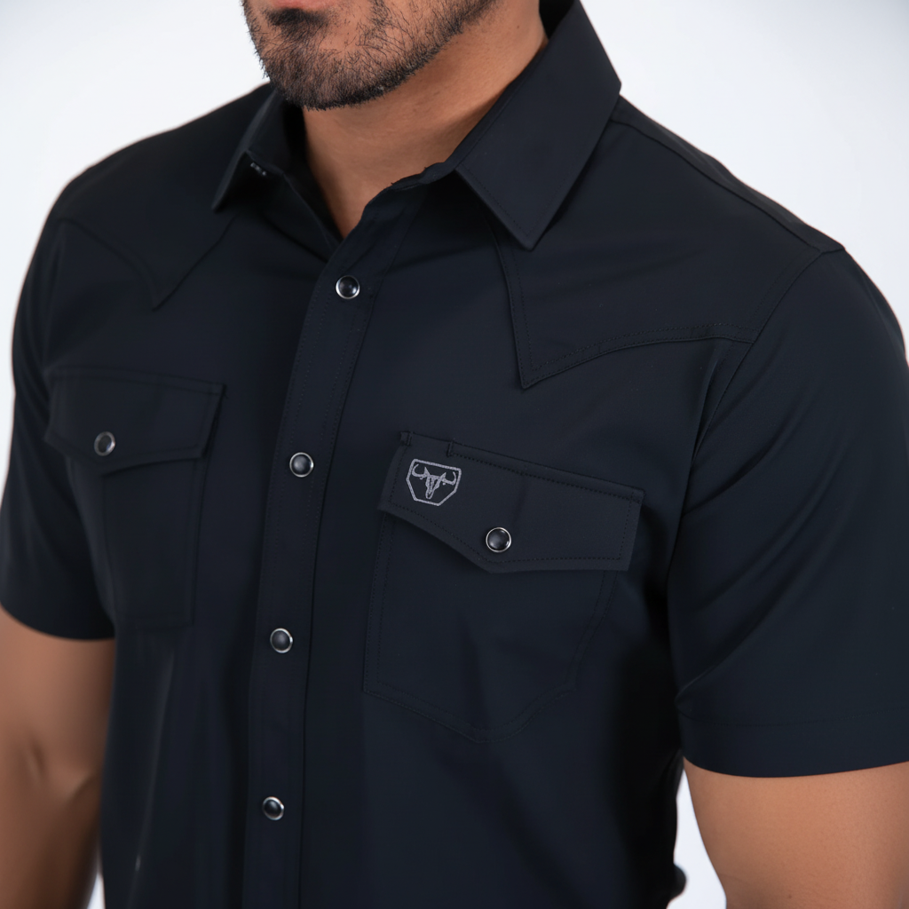 Close-up view of Platini Men’s Performance Western Short Sleeve Shirt collar and chest detail