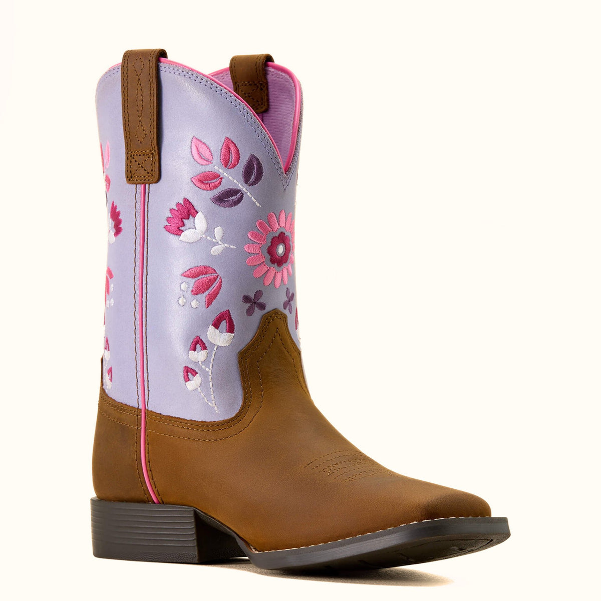 Ariat Wild Bloom girls’ brown leather cowboy boot angle view