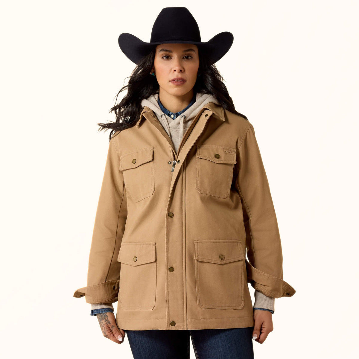Ariat Western Canvas Chore Jacket in tan front view
