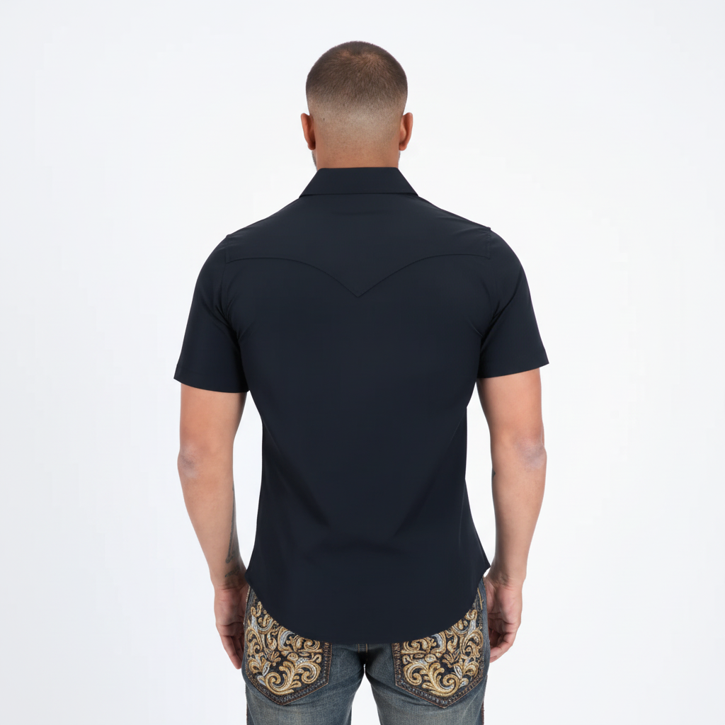 Rear view of Platini Men’s Performance Western Short Sleeve Shirt in black