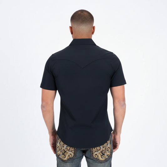 Rear view of Platini Men’s Performance Western Short Sleeve Shirt in black