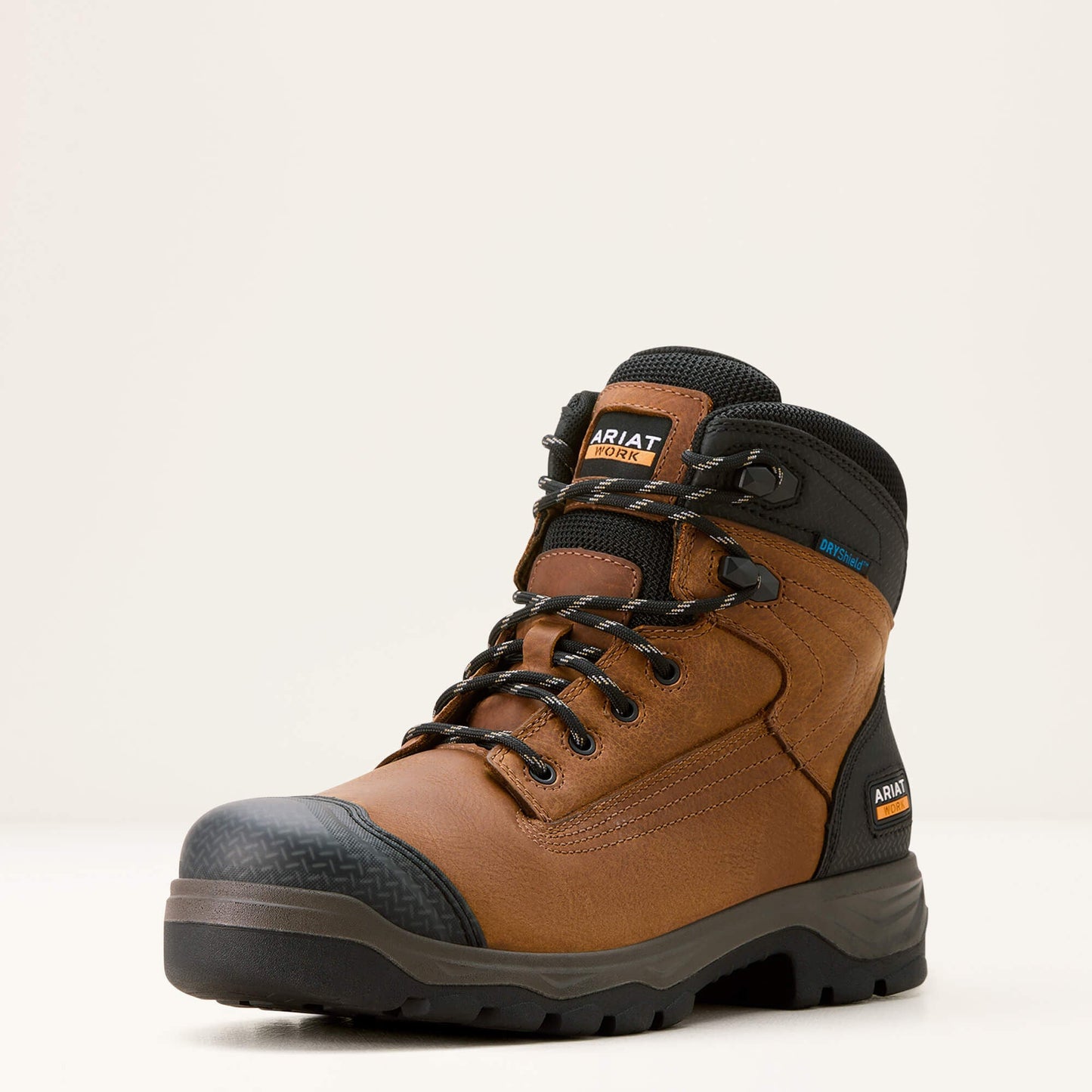 Ariat Turbo Duratread XTR 6 inch Waterproof Work Boot angled front view in brown leather