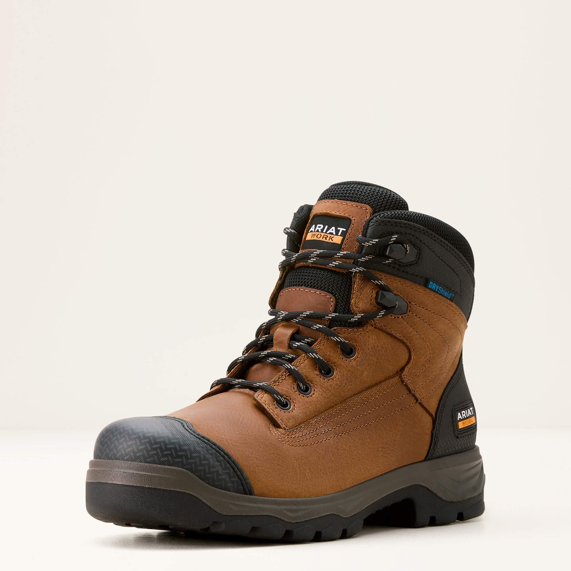 Ariat Turbo Duratread XTR 6 inch Waterproof Work Boot angled front view in brown leather