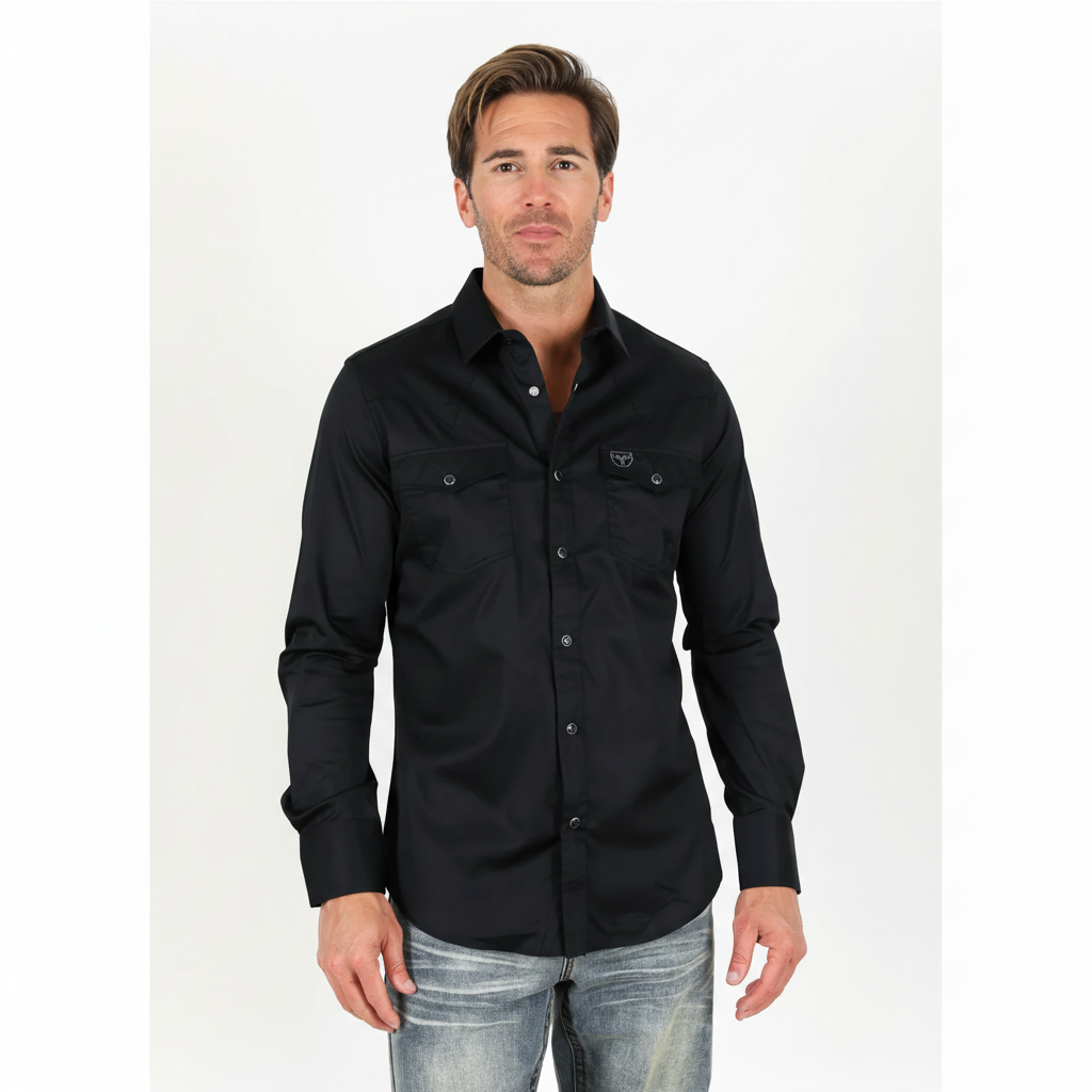 Front view of Platini Men’s Modern Fit Solid Black Dress Shirt