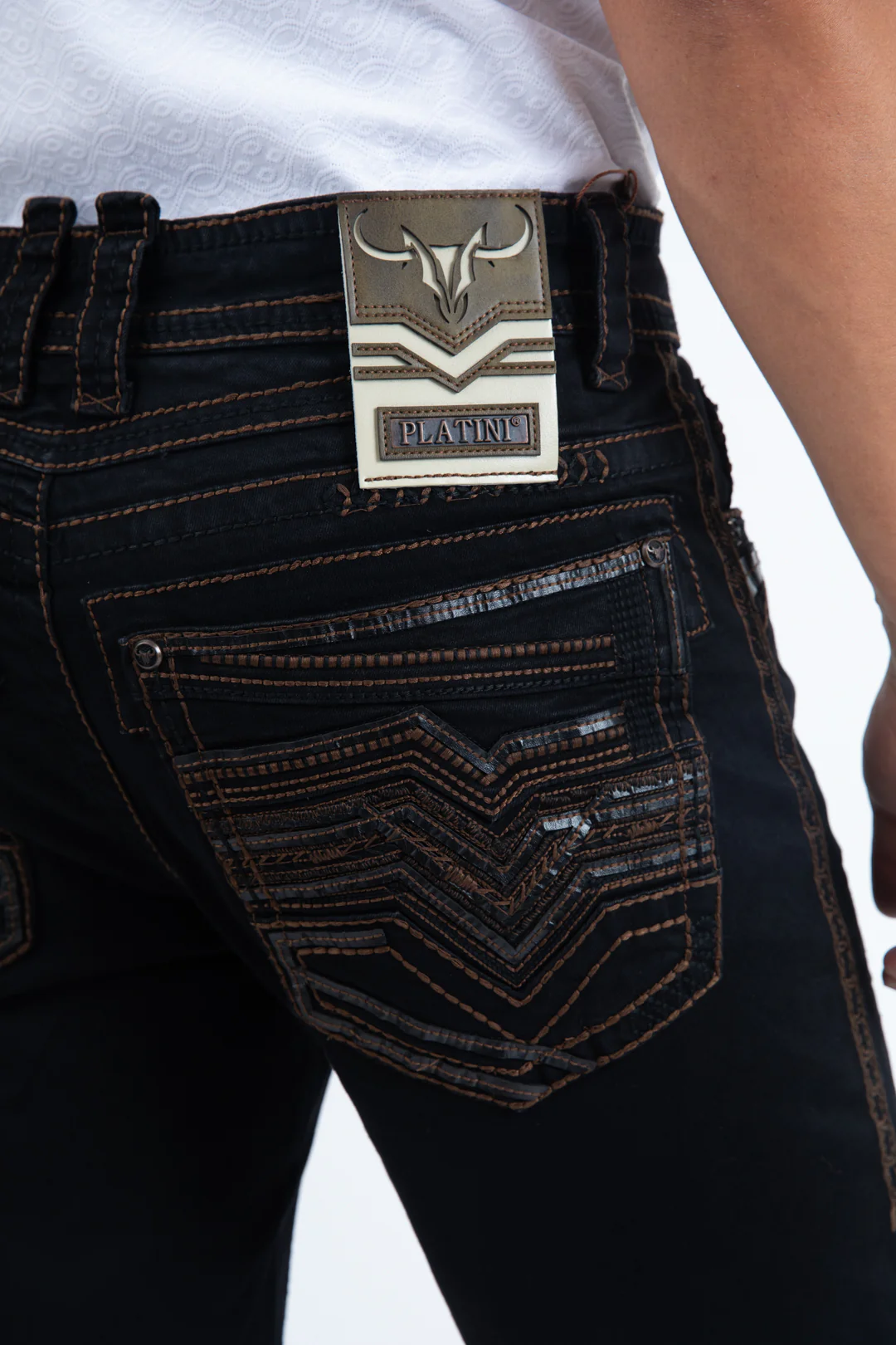 Close-up of rear waistband detail on Platini Holt Men’s Black Slim Boot Cut Jeans