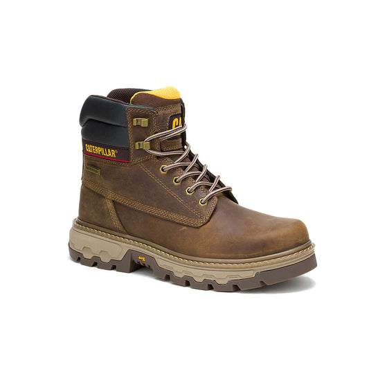 CAT Colorado Equip 6 inch Waterproof Work Boot angled side view in brown leather