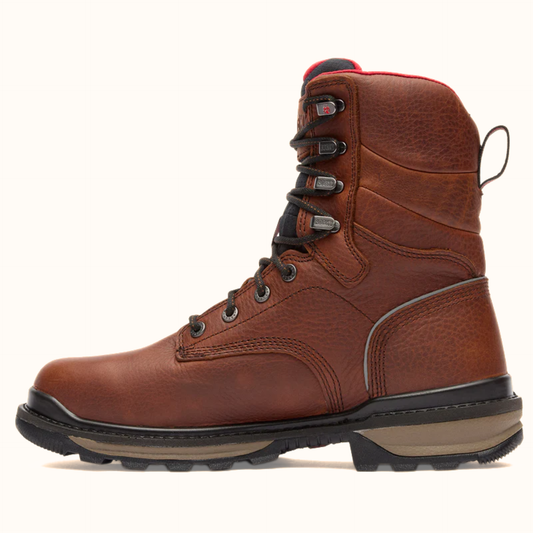 Side view of Rocky Brown Rams Horn waterproof work boot
