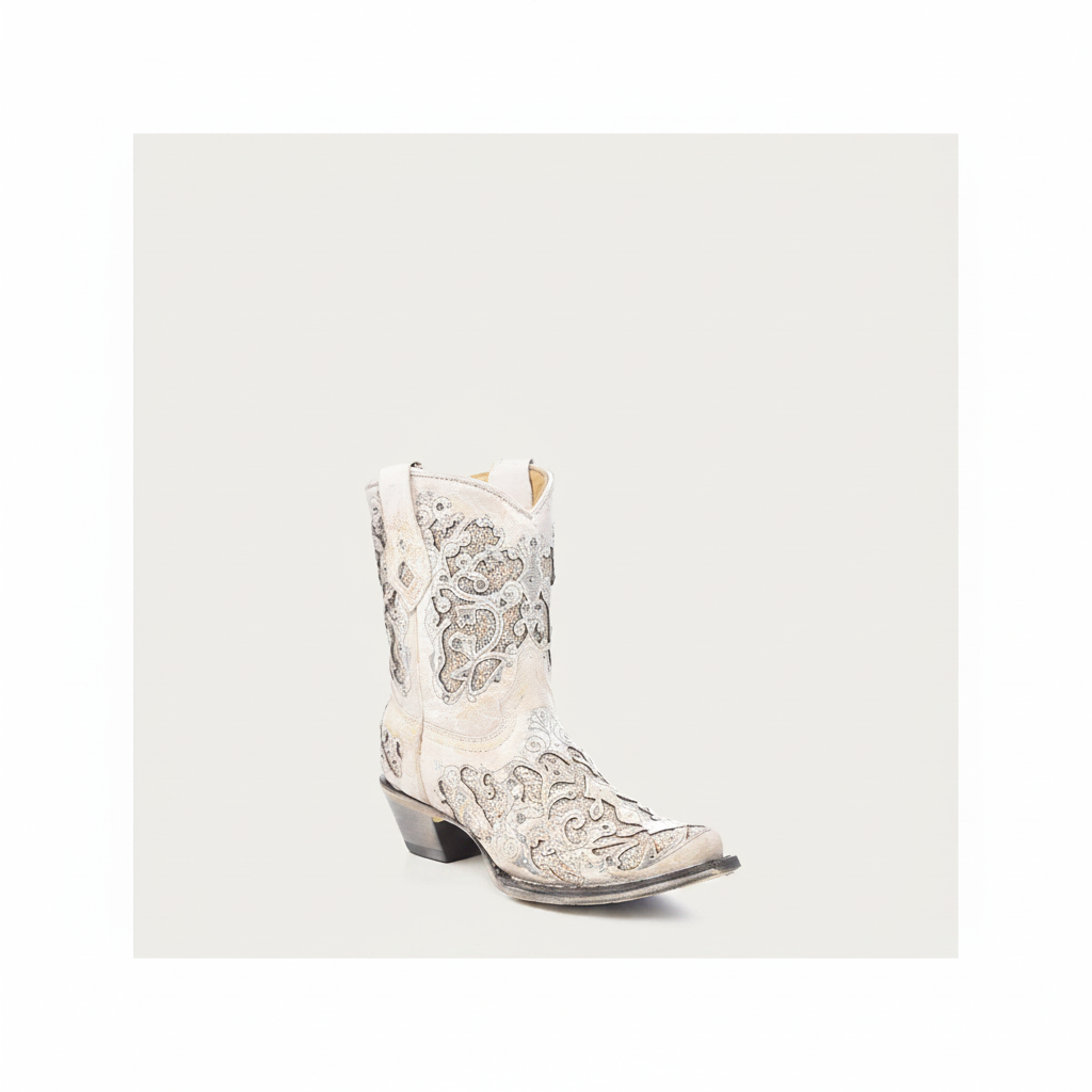 Corral white glittered wedding cowboy bootie with crystal accents front angle view