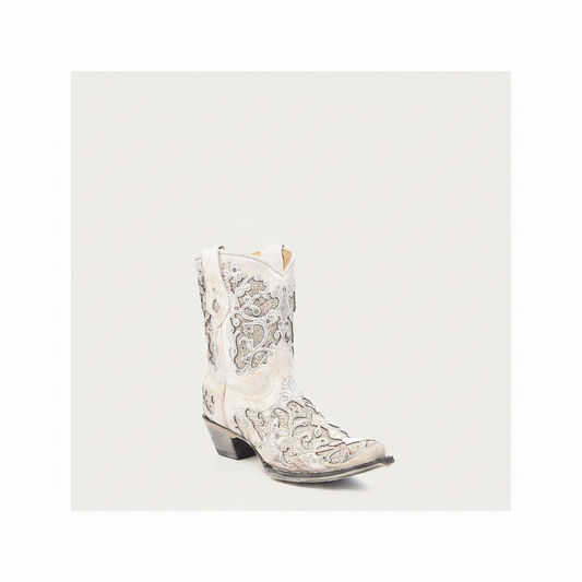 Corral white glittered wedding cowboy bootie with crystal accents front angle view