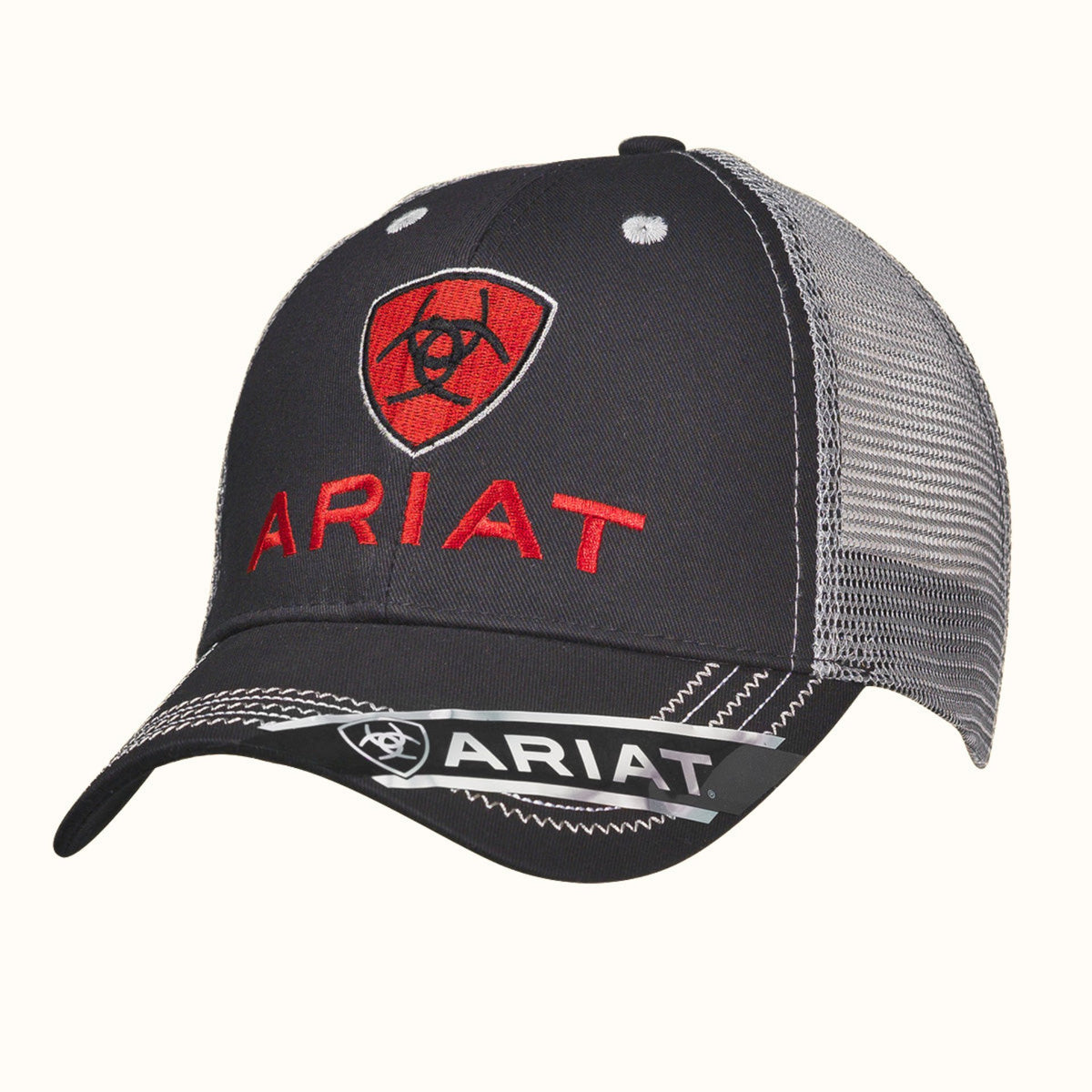 Ariat Men’s Logo Trucker Cap in black and grey with red embroidered logo