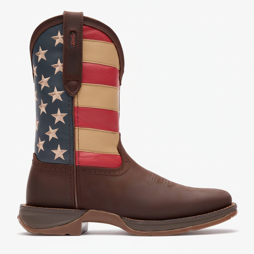 Durango Rebel Patriotic Pull-On Western Flag Boot side view in brown with American flag shaft