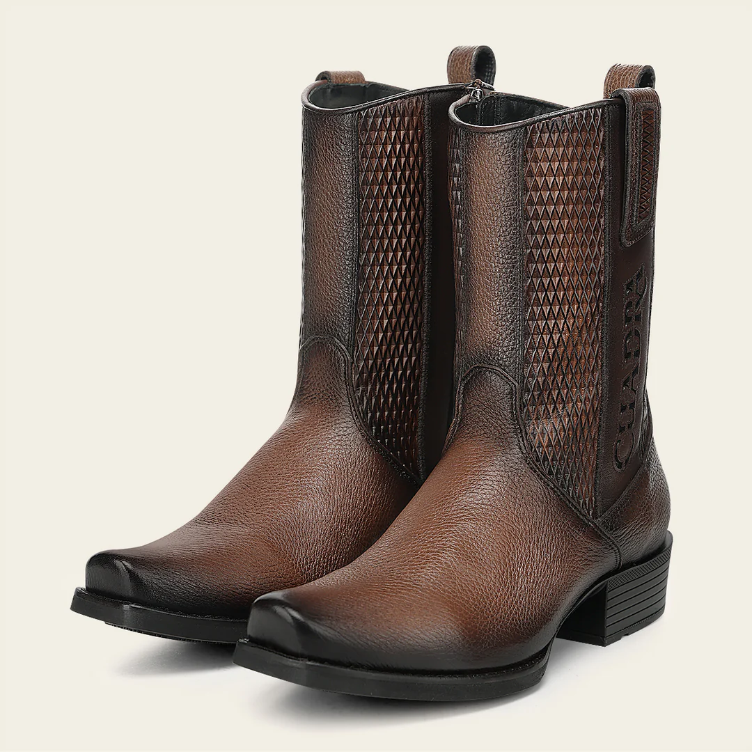 Pair of Cuadra Men’s Honey Deer Embroidery and Lazer Narrow Square Toe Boots in honey brown leather