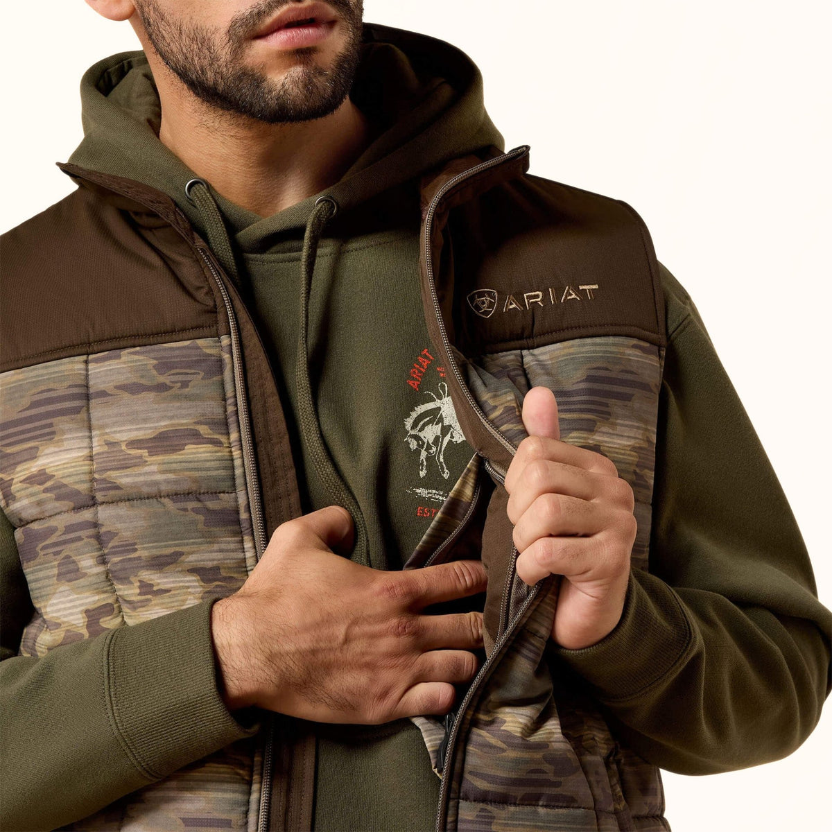 Ariat Crius Insulated Vest in camouflage front pocket view