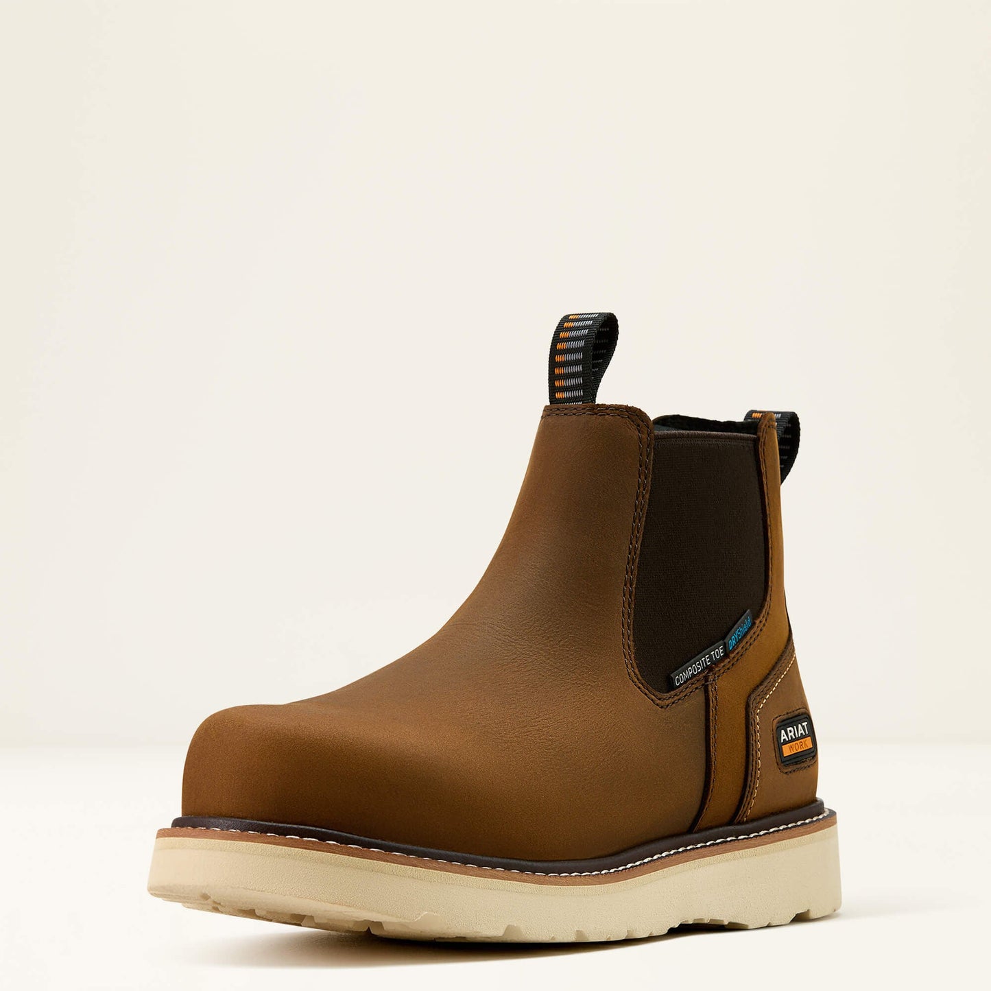 Ariat Rebar Wedge Chelsea Waterproof Composite Toe Work Boot angled side view in brown leather