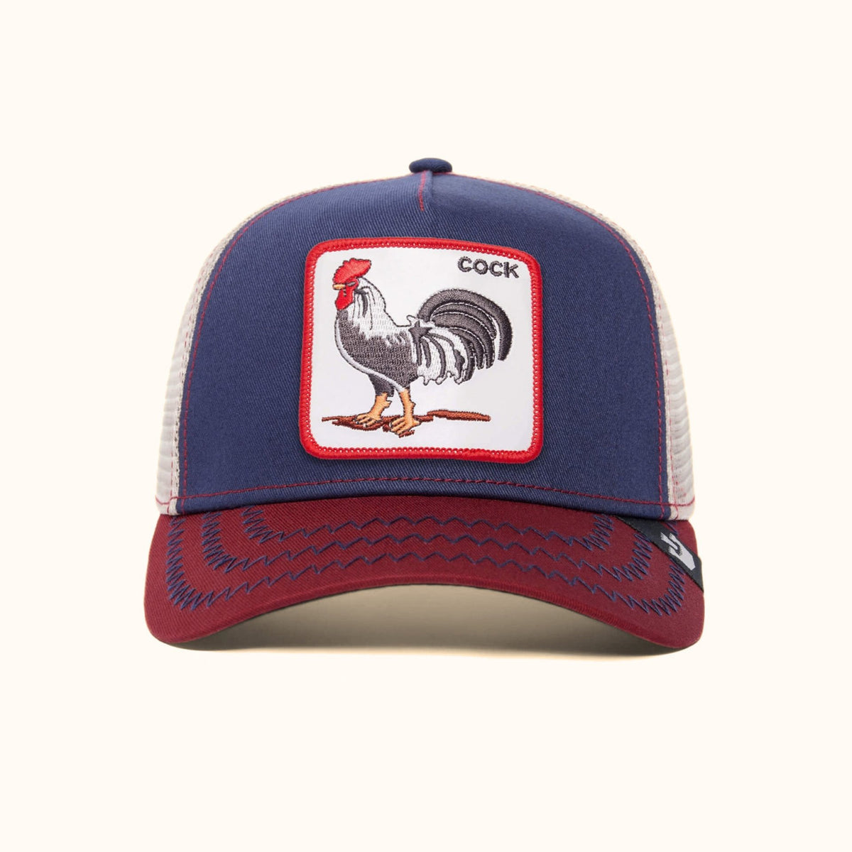 Goorin Bros. The Cock Rooster Trucker Hat navy red and white front view
